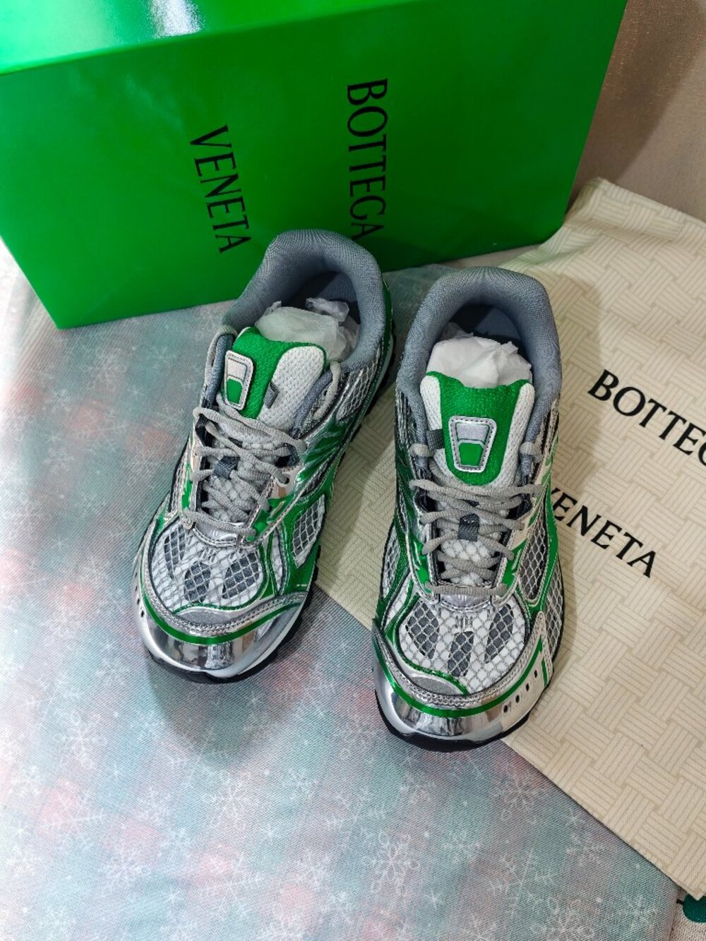 Bottega Veneta Orbit Green Silver Mesh Metallic Designer Low Top Sneakers